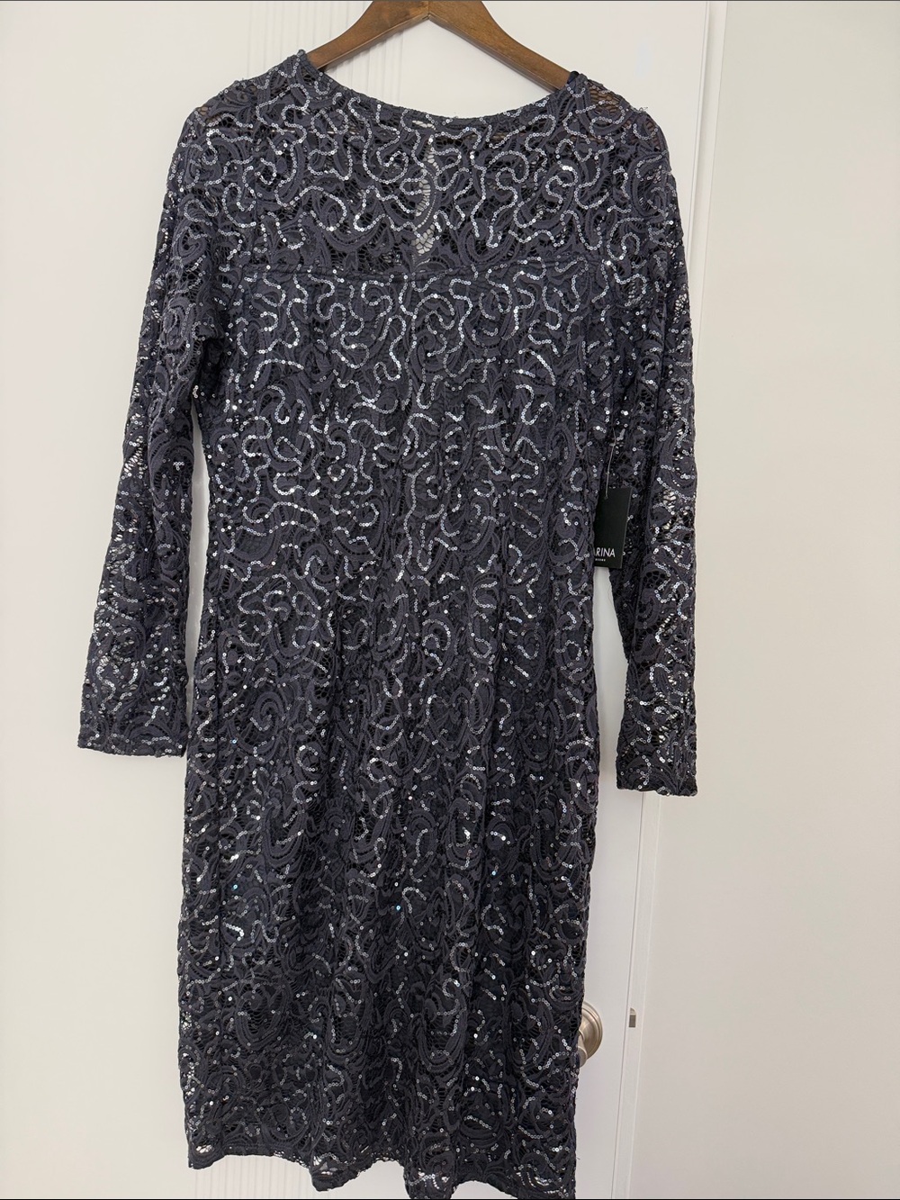 MARINA Black Long-Sleeve Sequin Embroidered Dress